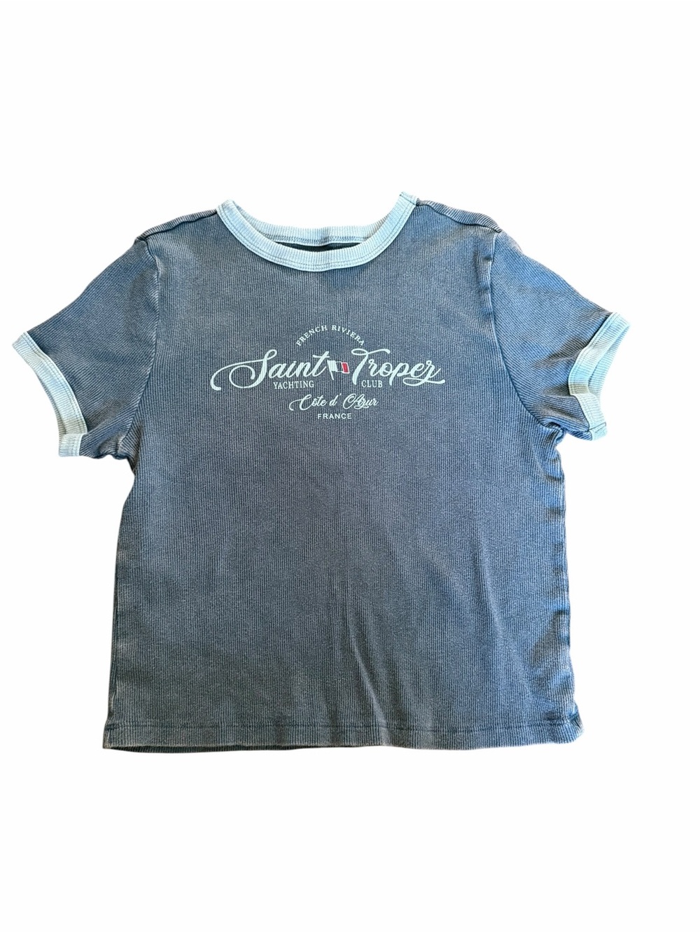🌟Social Culture Y2K vibes Saint Tropez Logo Ringer Cropped Tee in Faded Blue